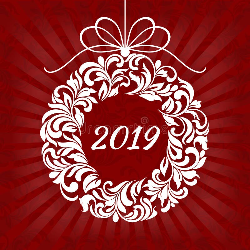Guirnalda floral de la Navidad con 2019 en un fondo rojo con los rayos ilustración del vector Guirnalda floral de la Navidad con 2019 en un fondo rojo con los rayos ilustración del vector