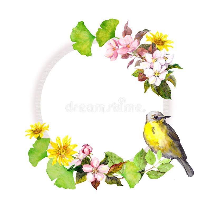 Guirnalda floral - flores y pájaro Marco redondo de la acuarela libre illustration Guirnalda floral - flores y pájaro Marco redondo de la acuarela libre illustration