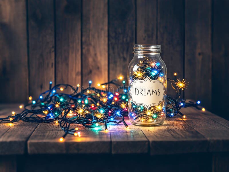 Guirnaldas luces coloridas en frasco de vidrio con sueños en mesa de madera de tono retro. libre illustration