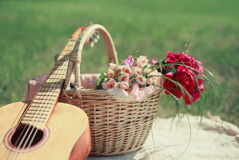 Guitar, Basket and Bouquet of Flowers. Vintage Tender Background Stock  Photo - Image of music, romance: 44692808