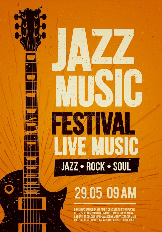 Vector Illustration poster flyer design template for Rock Jazz festival live music event with guitar in retro style on red backgro