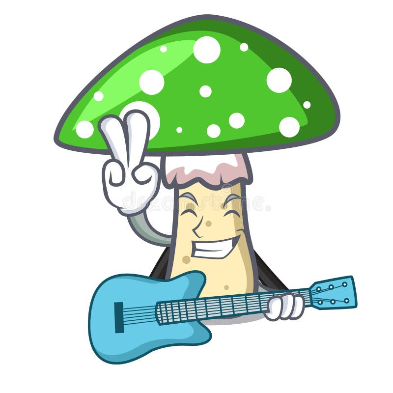 With guitar green amanita mushroom mascot cartoon royalty free illustration