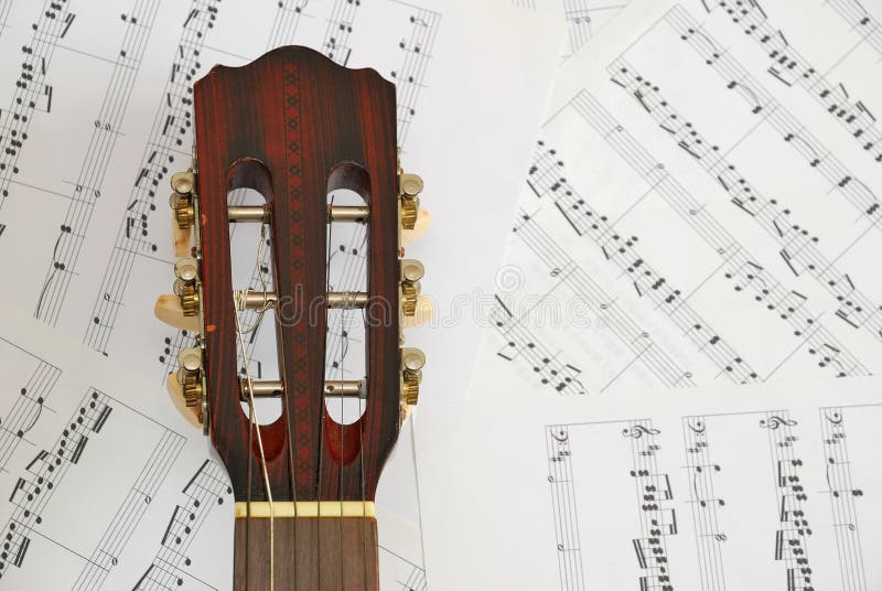 Guitar with music score background royalty free stock photography