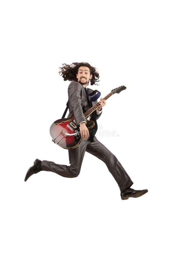 Guitar player in business suit on white