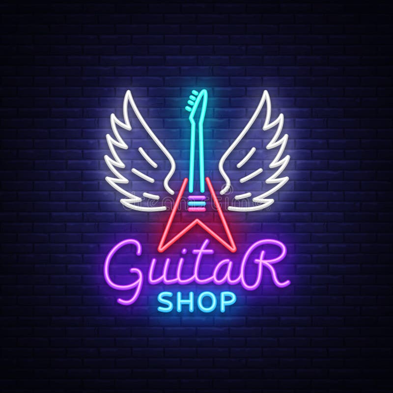 Guitar Shop Neon Sign Vector. Design Template Guitar Store Logo in Neon ...