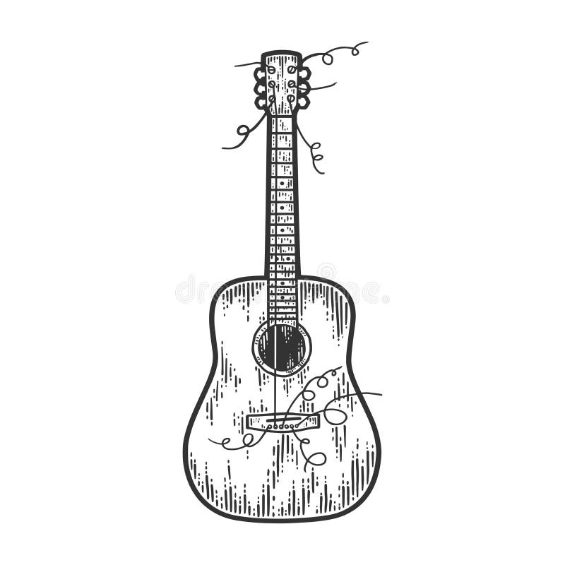 Guitar with torn strings. Sketch scratch board imitation. Black and white hand drawn image. Engraving vector illustration. Guitar with torn strings. Sketch scratch board imitation. Black and white hand drawn image. Engraving vector illustration