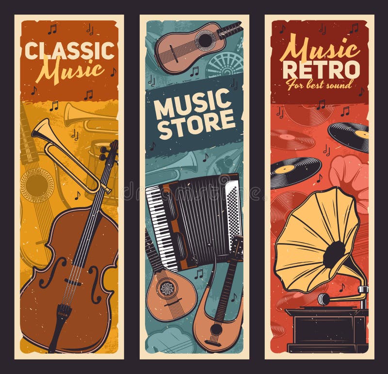 Musical instruments and vintage gramophone, retro music vector design. Drum, guitar and trumpet, vinyl records, player and musical notes, cello, accordion, Japanese shamisen and medieval harp mandolin. Musical instruments and vintage gramophone, retro music vector design. Drum, guitar and trumpet, vinyl records, player and musical notes, cello, accordion, Japanese shamisen and medieval harp mandolin