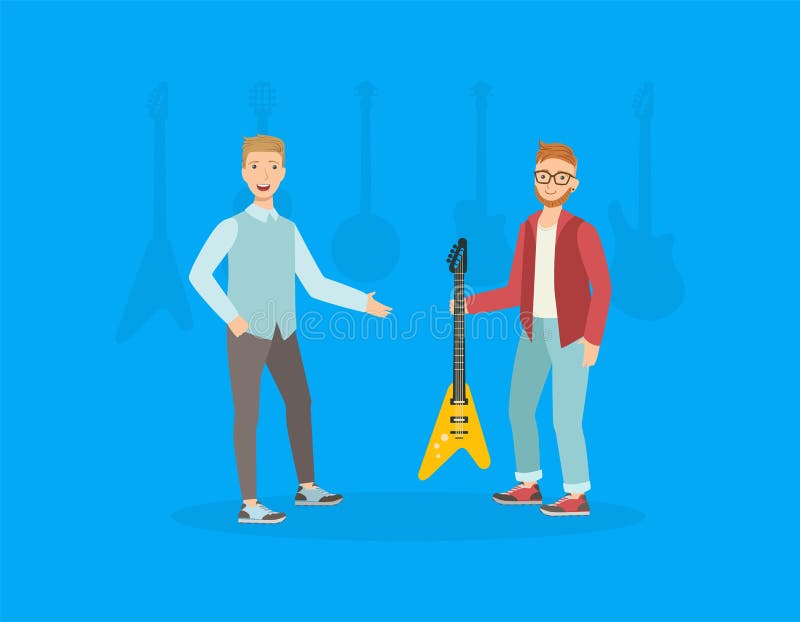 Guitare de choix et de achat de jeune homme dans Music Store, employé de magasin masculin vendant le vecteur d'instruments de mus illustration stock Guitare de choix et de achat de jeune homme dans Music Store, employé de magasin masculin vendant le vecteur d'instruments de mus illustration stock