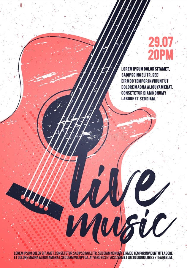 Guitarra acústica de Live Music Poster Template With da rocha Indie do vetor Projeto punk do PNF do festival ilustração stock Guitarra acústica de Live Music Poster Template With da rocha Indie do vetor Projeto punk do PNF do festival ilustração stock
