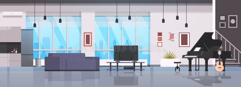 Guitarra casera contemporánea del piano de los instrumentos musicales del pasillo vacía nadie plano interior del apartamento mode ilustración del vector Guitarra casera contemporánea del piano de los instrumentos musicales del pasillo vacía nadie plano interior del apartamento mode ilustración del vector