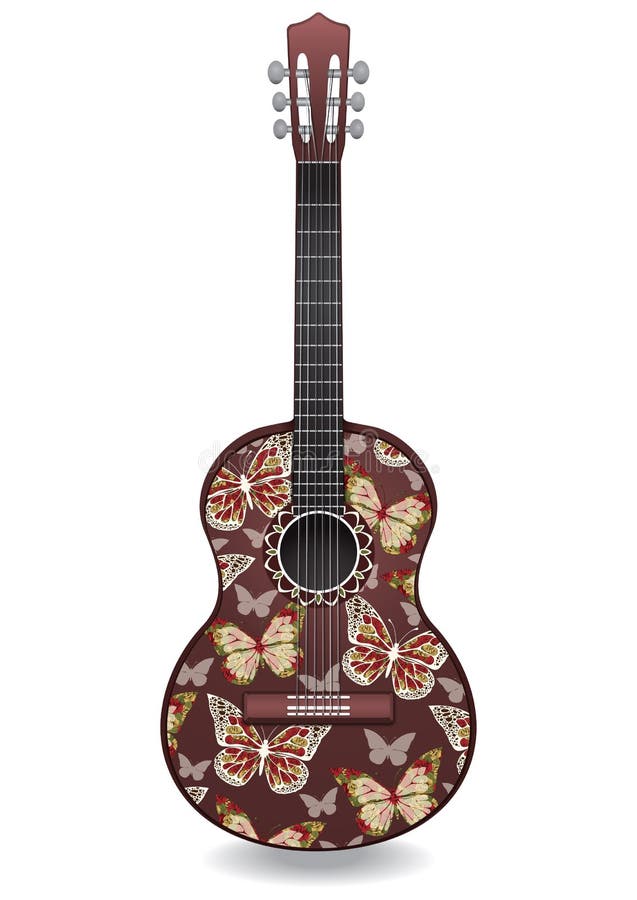 A guitarra decorou a borboleta abstrata com os ornamento de flores das rosas Projeto decorativo ilustração stock A guitarra decorou a borboleta abstrata com os ornamento de flores das rosas Projeto decorativo ilustração stock