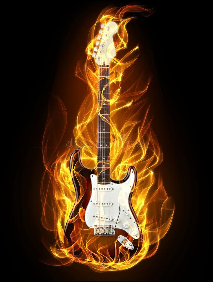 Electric guitar in fire and flames on black background. Electric guitar in fire and flames on black background