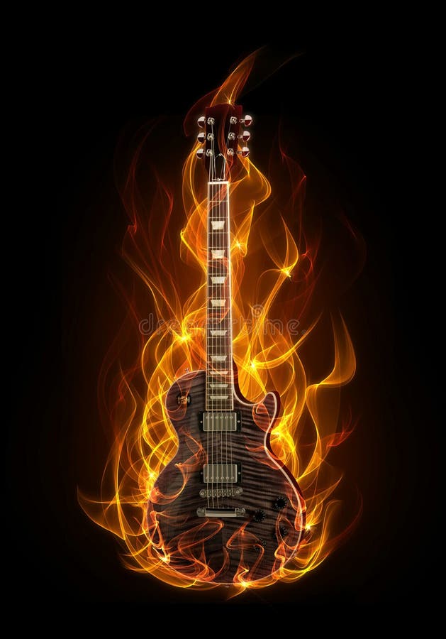 Electric guitar in fire and flames on black background. Electric guitar in fire and flames on black background