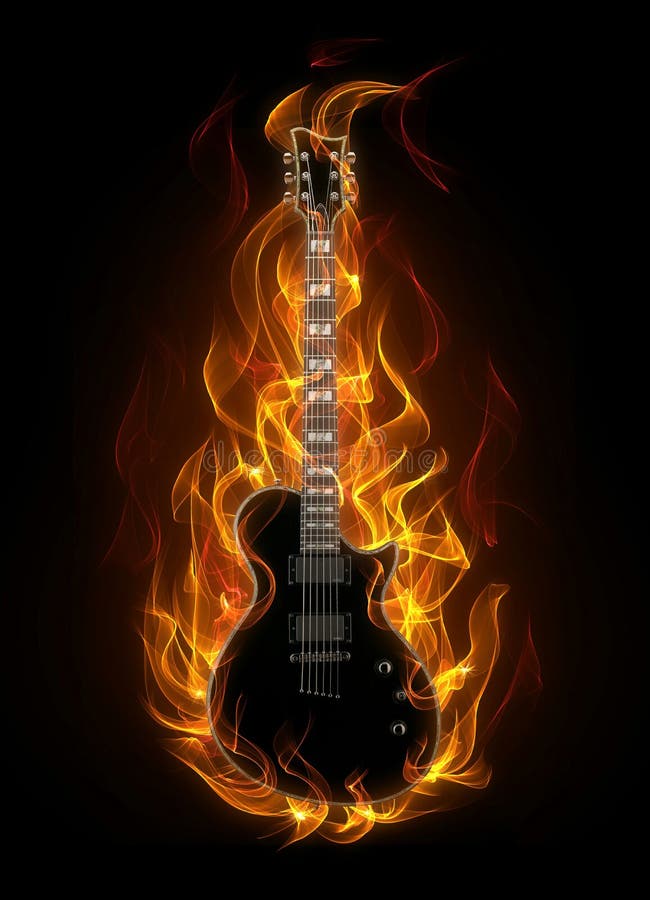 Acoustic guitar in fire and flames on black background. Acoustic guitar in fire and flames on black background