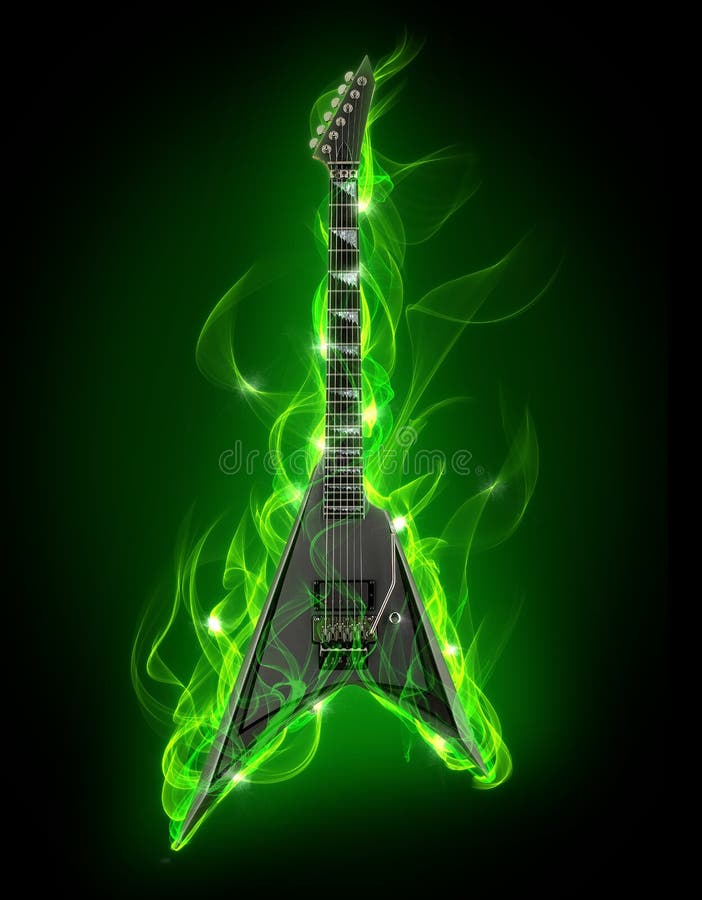 Electric guitar in fire and flames on black background. Electric guitar in fire and flames on black background
