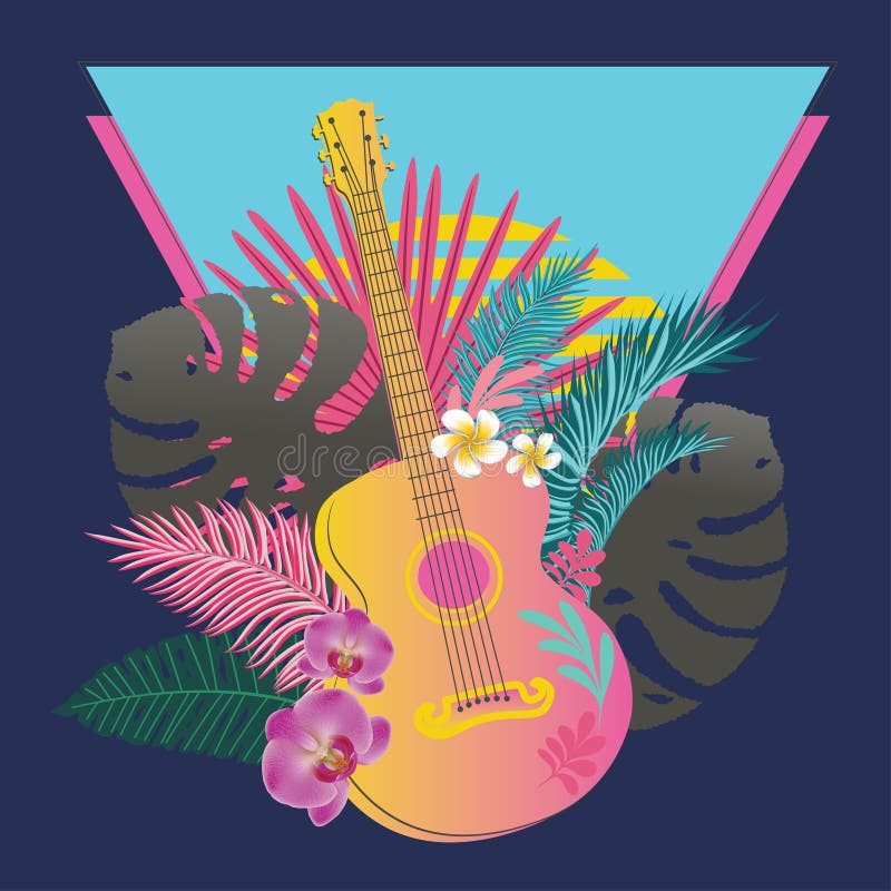 Guitarra retro con hojas tropicales stock de ilustración Guitarra retro con hojas tropicales stock de ilustración