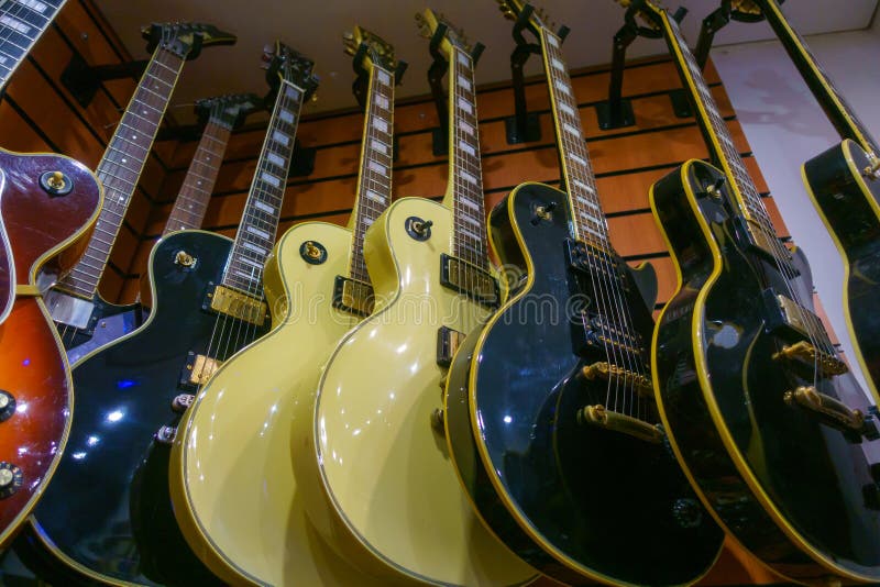 Different Electric Guitars Hang Music Instruments Store Stock Photos