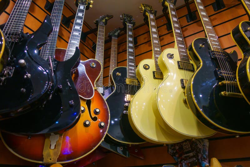 Different Electric Guitars Hang Music Instruments Store Stock Photos