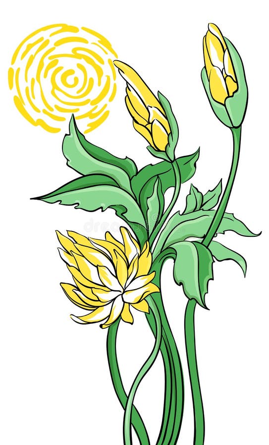 Gul abstrakt lotus-blomma med gröna blad och stjälk stock illustrationer