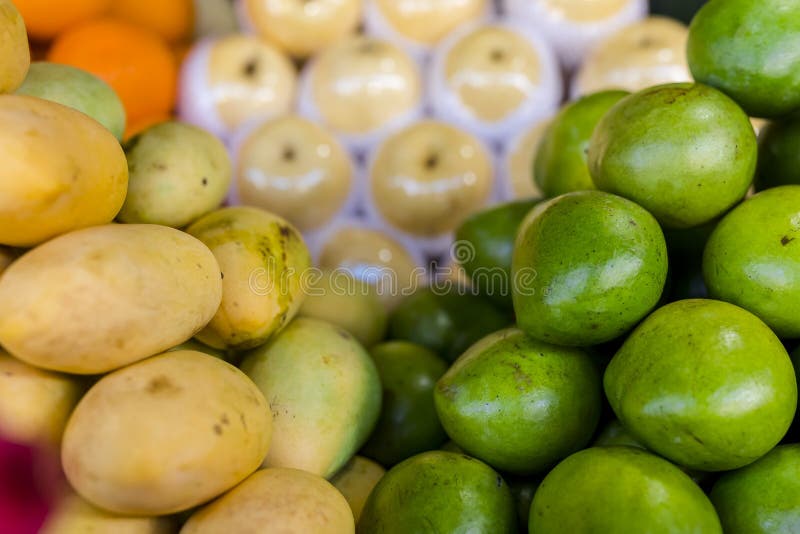 Yellow Mangoes, Avocados and other fruits neatly piled for sale at a public market. Yellow Mangoes, Avocados and other fruits neatly piled for sale at a public market.