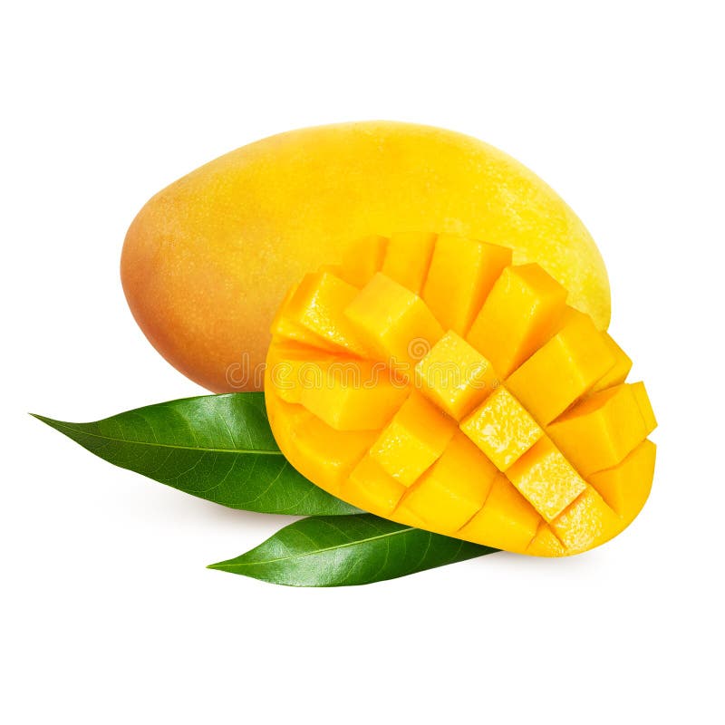 Gul mango med sidor som isoleras på vit bakgrund