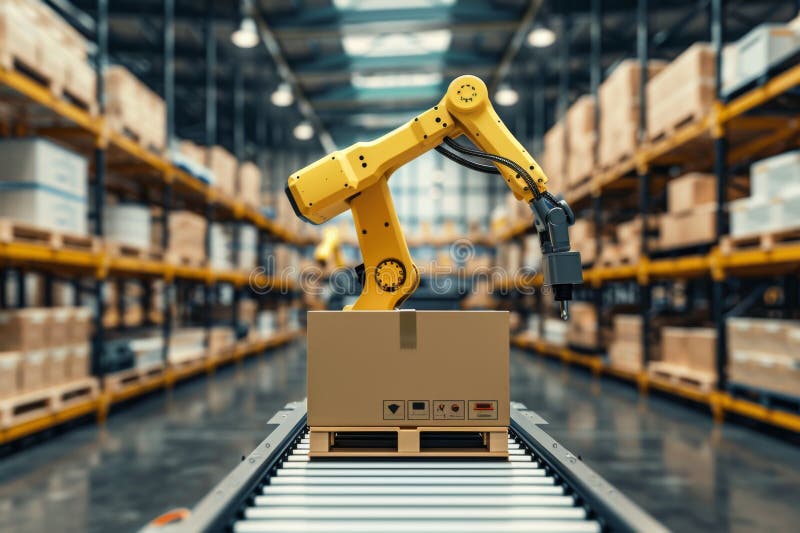 Gul robotarm i ett modernt lager. rutor visas i bakgrunden. industriell stil. representerar automatisering. En gul robot som flyttar en låda i ett modernt lager. representerar automatisering och effektivitet. betonar tekniska framsteg inom logistik. industriell tillämpning. generativ ai