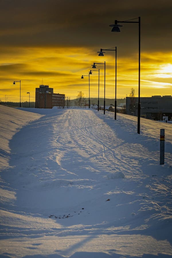 Gul solnedgång som belyser den ljusa vita snön på ludvika kommun på marken svden arkivbild