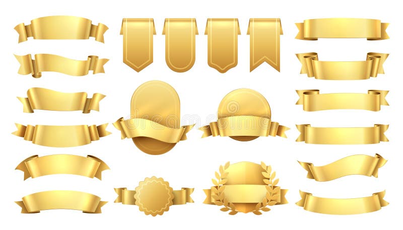Guld- band Skinande gamla etiketter, vågbanerbeståndsdelar, retro garnering för befordran, gul prisförsäljning Realistisk vektor stock illustrationer