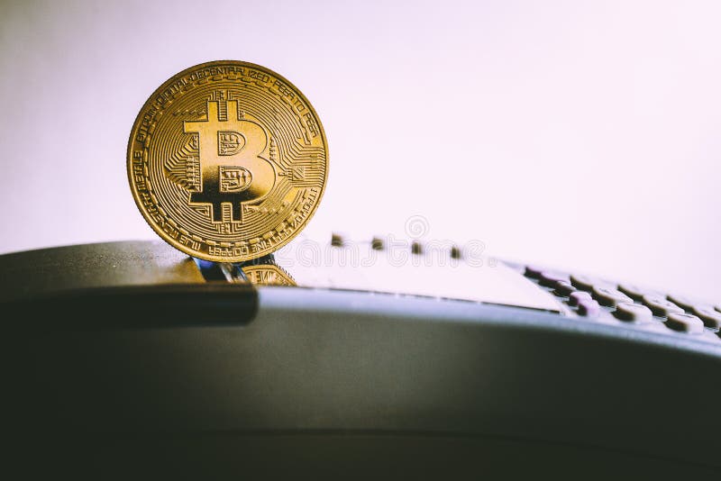 Guld- bitcoincryptocurrency på kreditkortmaskinen löner vid b royaltyfria bilder