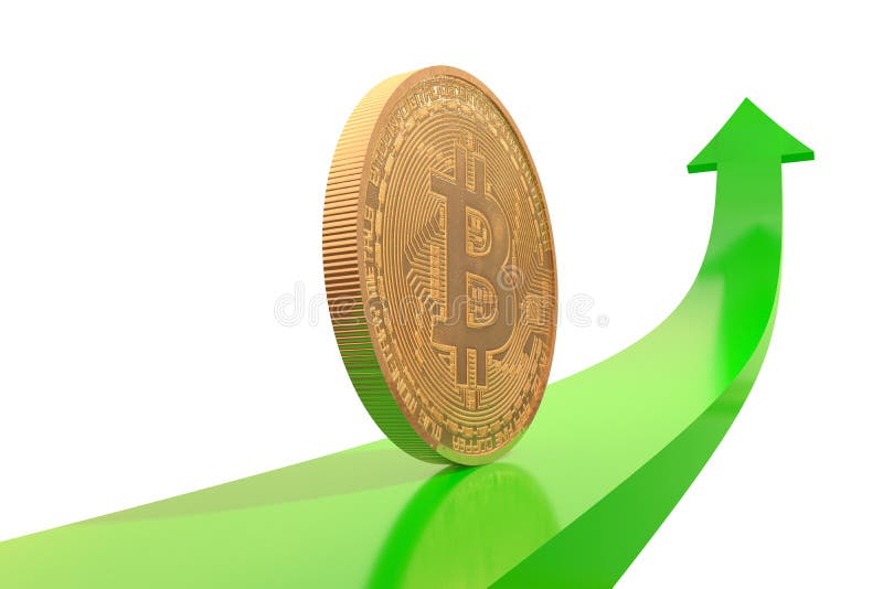 Guld- bitcoinmynt på grön pil uppåt stock illustrationer