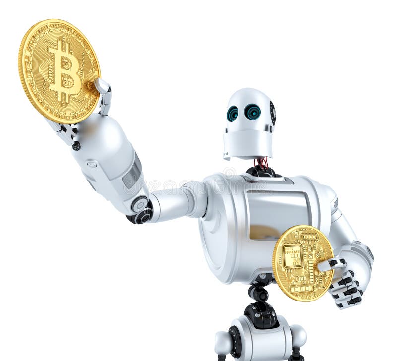 Guld- bitcoinmynt som skiner i robothanden illustration 3d stock illustrationer