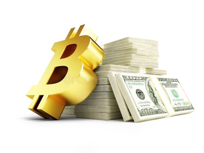 Guld- bitcointecken på en hög av den kontanta illustrationen för dollar 3D, tolkning 3D royaltyfri illustrationer Guld- bitcointecken på en hög av den kontanta illustrationen för dollar 3D, tolkning 3D royaltyfri illustrationer