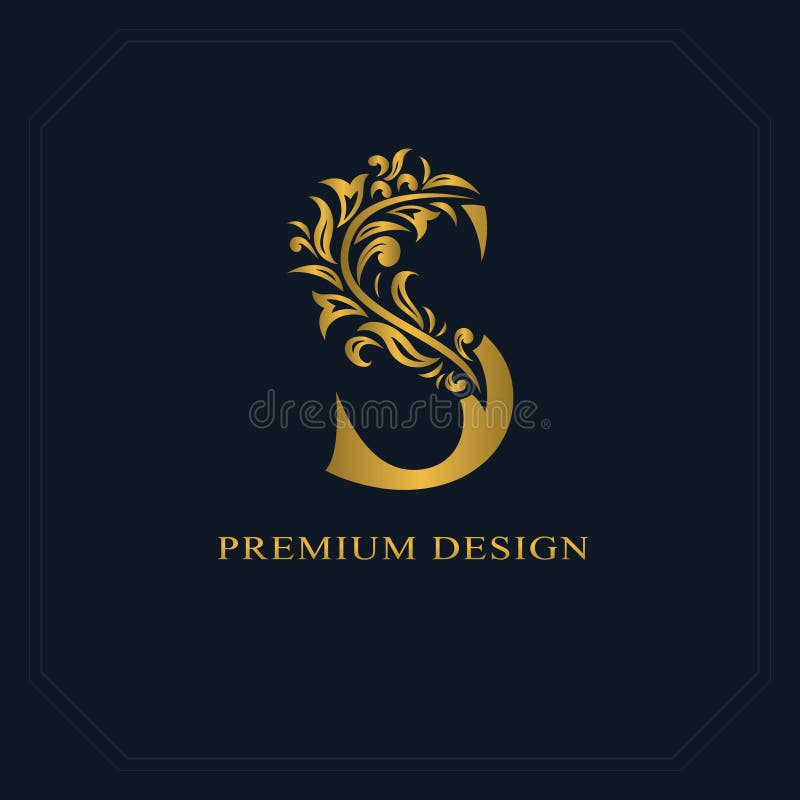 Guld- elegant bokstav S Behagfull stil Calligraphic härlig logo Tappning dragit emblem för bokdesignen, märkesnamn, affärsbil stock illustrationer