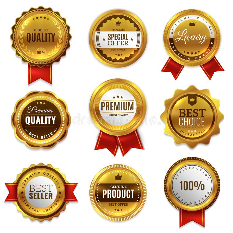 Guld- emblem förseglar kvalitets- etiketter Uppsättning för vektor för runda för garanti för emblem för högvärdig stämpel för Sal vektor illustrationer