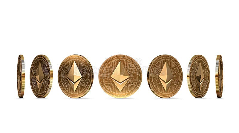Guld- Ethereum mynt som visas från sju vinklar som isoleras på vit bakgrund Lätt att klippa ut och använda särskild myntvinkel stock illustrationer Guld- Ethereum mynt som visas från sju vinklar som isoleras på vit bakgrund Lätt att klippa ut och använda särskild myntvinkel stock illustrationer