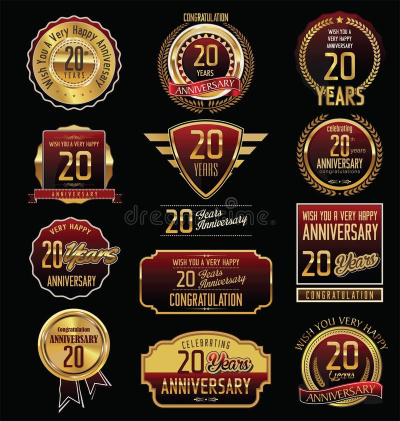 Guld- etikettsamling för årsdag 20 år. För etikettsamling för årsdag guld- illustration