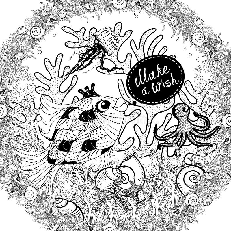 Guld- fisk i det djupa havet med att m?rka g?ra en ?nska vektor illustrationer Guld- fisk i det djupa havet med att m?rka g?ra en ?nska vektor illustrationer