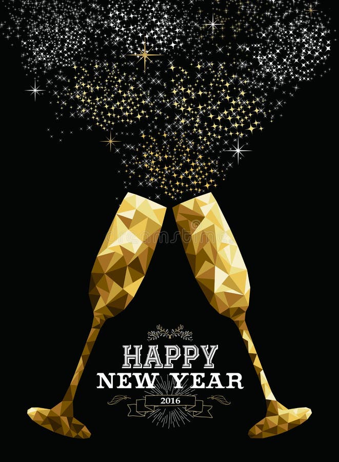 Guld för polygon för rostat bröd för lyckligt nytt år 2016 glass låg stock illustrationer Guld för polygon för rostat bröd för lyckligt nytt år 2016 glass låg stock illustrationer
