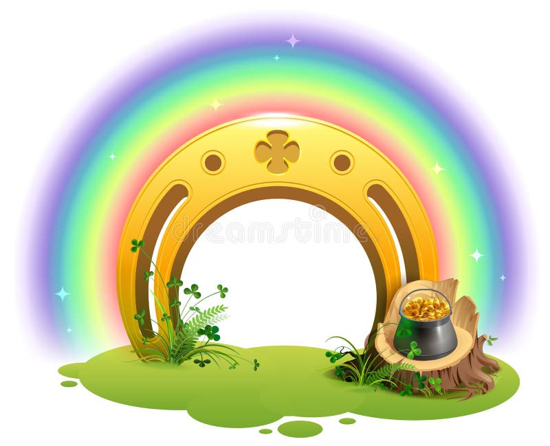 Guld- hästsko, regnbåge och kruka av det guld- symbolet av St Patrick Day royaltyfri illustrationer