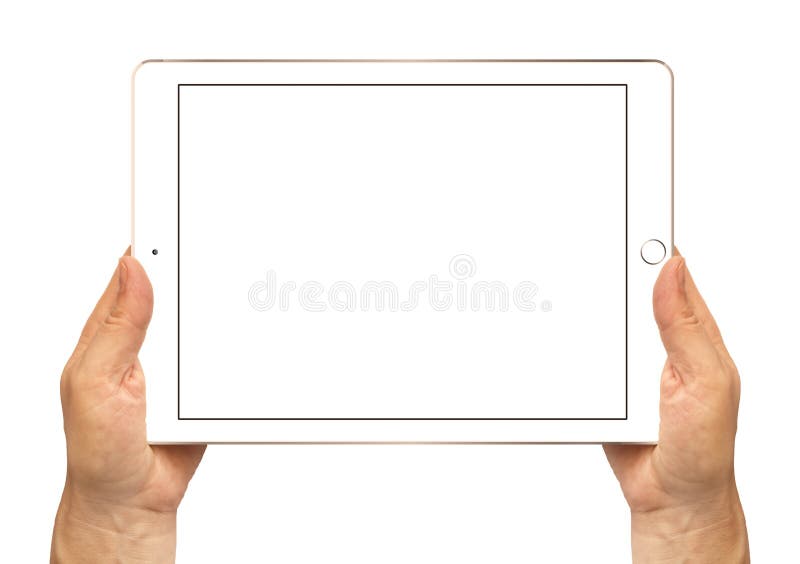 Gold iPad Air 2 in woman's hands isolated on white in horizontal mode. Gold iPad Air 2 in woman's hands isolated on white in horizontal mode.