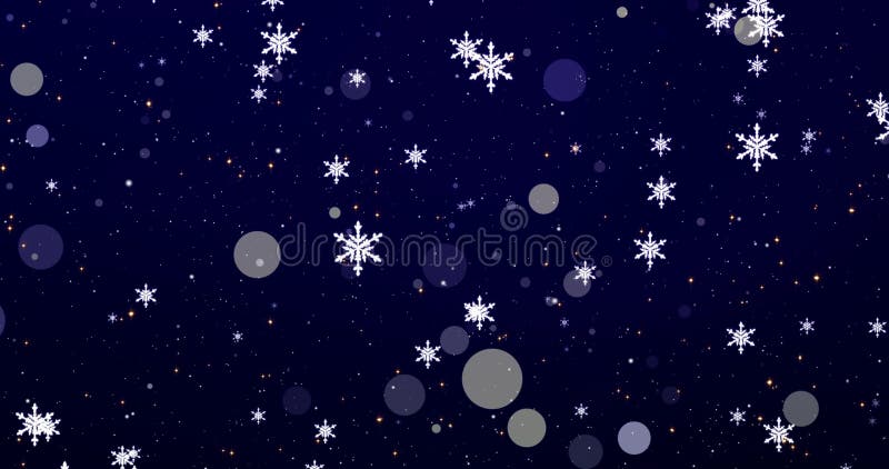 Guld- konfettier, snöflingor och bokehljus på den blåa bakgrunden för glad jul