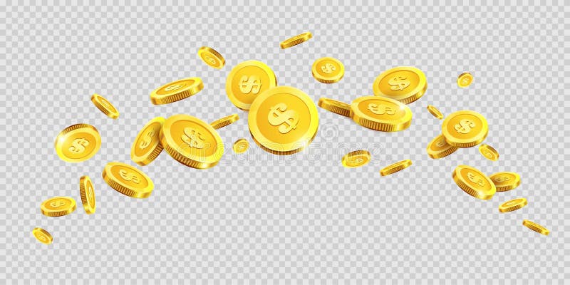 Guld- mynt eller guld- pengarmyntfärgstänk stänker på genomskinlig bakgrund för vektorn