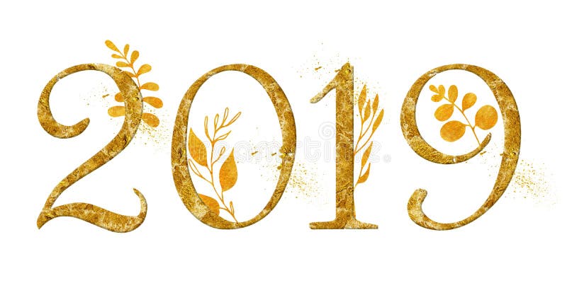 Guld- nummerdesign för år 2019 med det guld- blom- tecknet för nytt år för dekorvattenfärg royaltyfria foton Guld- nummerdesign för år 2019 med det guld- blom- tecknet för nytt år för dekorvattenfärg royaltyfria foton