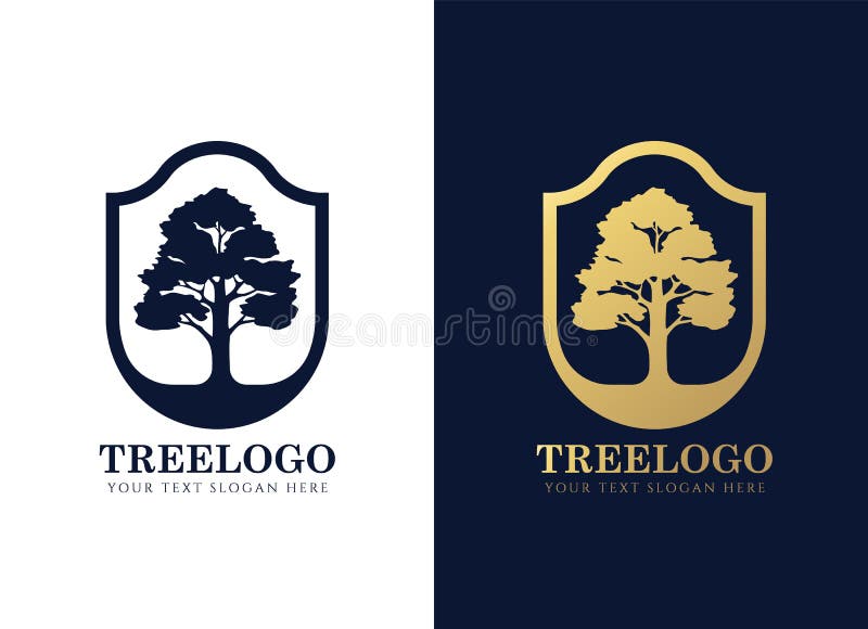 Guld och mörker - den blåa trädlogoen undertecknar in elegant design för sköldramvektor royaltyfri illustrationer
