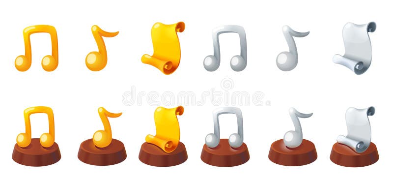 Guld- och silverutmärkelse Snirkelutmärkelse Musikutm?rkelse Guld- musikanmärkningstrofé Guld- och silversymbolsuppsättning royaltyfri illustrationer Guld- och silverutmärkelse Snirkelutmärkelse Musikutm?rkelse Guld- musikanmärkningstrofé Guld- och silversymbolsuppsättning royaltyfri illustrationer