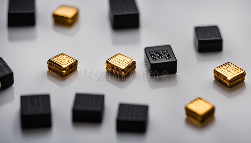 Guld- och svarta kuber på en vit yta arkivbild