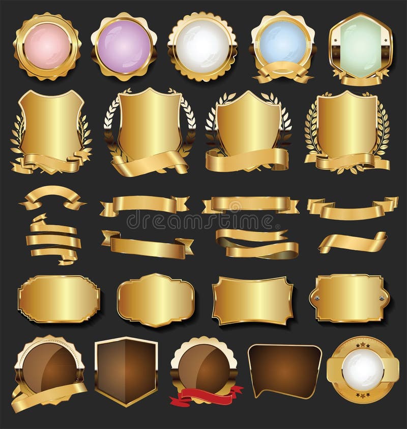 Guld- retro etiketter förser med märke ramar och bandsamlingen stock illustrationer Guld- retro etiketter förser med märke ramar och bandsamlingen stock illustrationer
