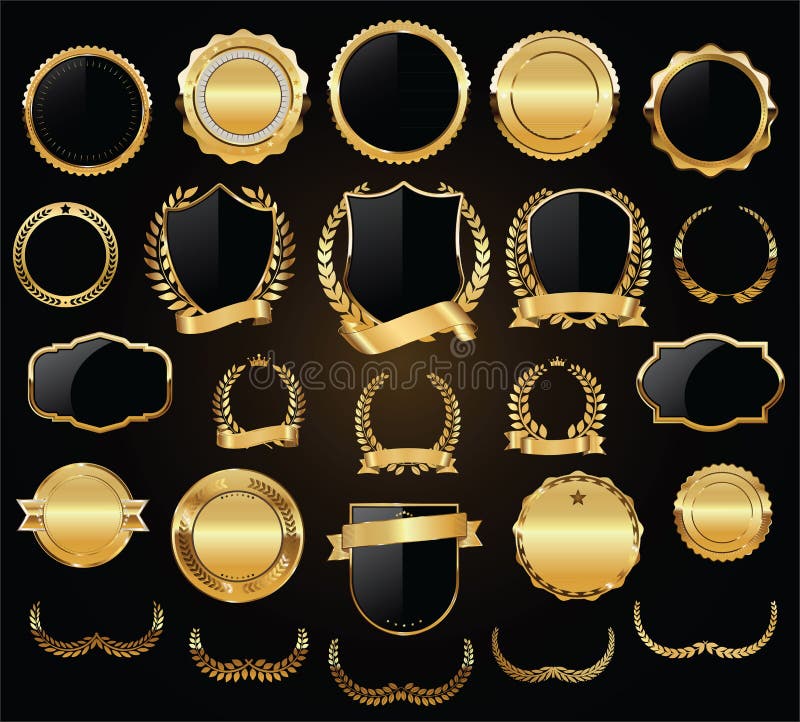 Guld- samling för vektor för för sköldlagerkransar och emblem vektor illustrationer