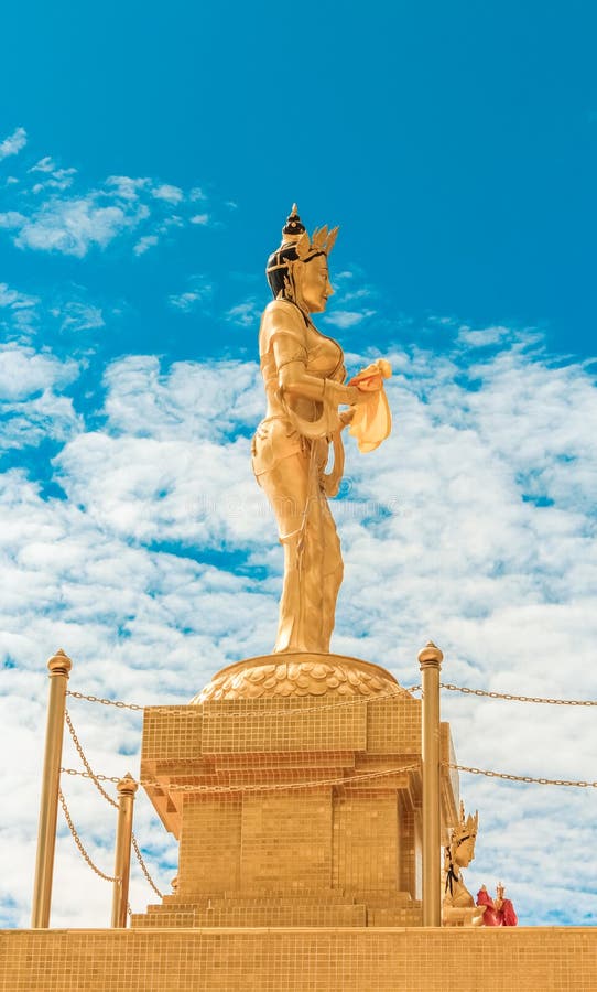 Guld- statyer av den buddistiska kullen för gudinnor i den Kuensel Phodrang naturen parkerar överst, Thimphu, Bhutan royaltyfria bilder Guld- statyer av den buddistiska kullen för gudinnor i den Kuensel Phodrang naturen parkerar överst, Thimphu, Bhutan royaltyfria bilder