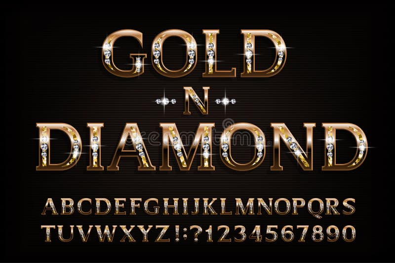 Guld- stilsort för n-diamantalfabet Bokstäver och nummer för seriff guld- med diamantgemstonen